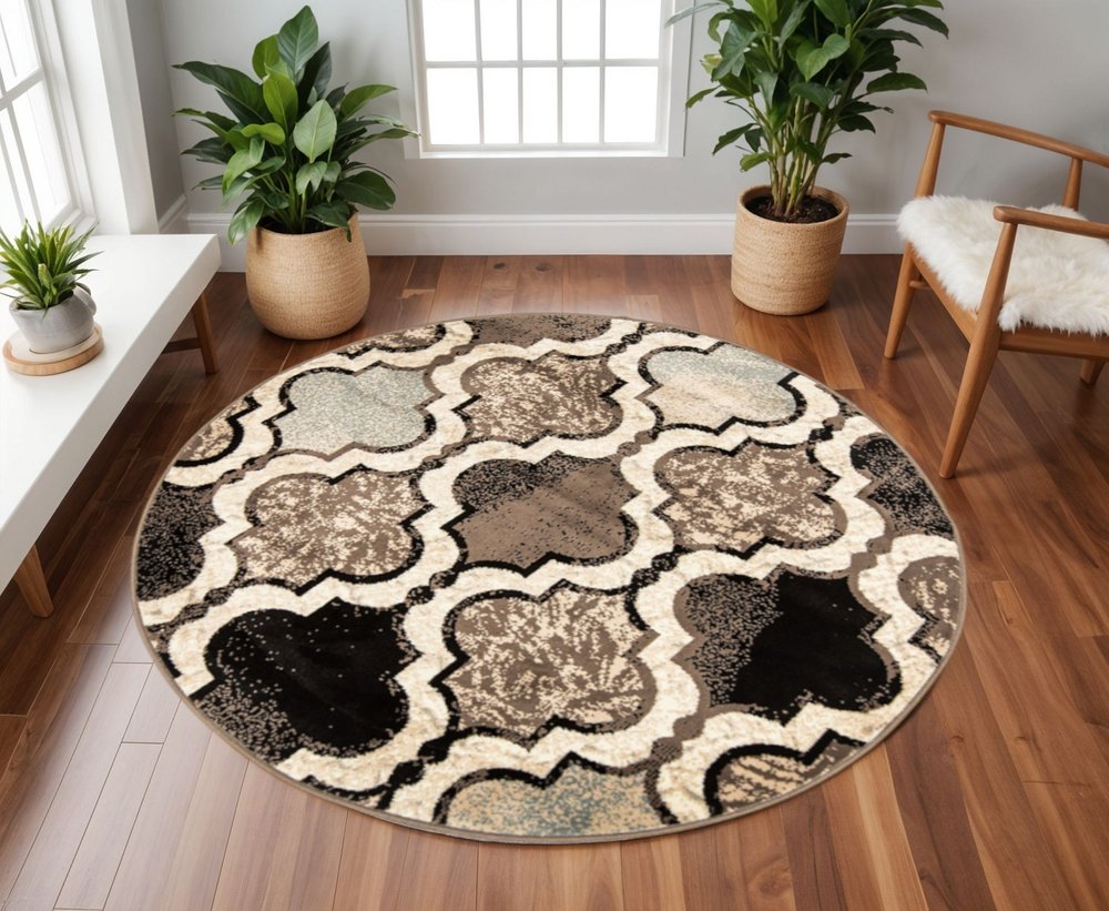 8' Ivory Brown And Black Quatrefoil Distressed Round Rug