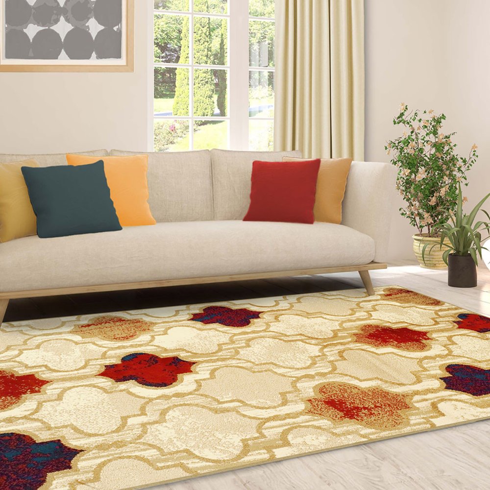 8' X 10' Beige Brown And Red Quatrefoil Distressed Area Rug