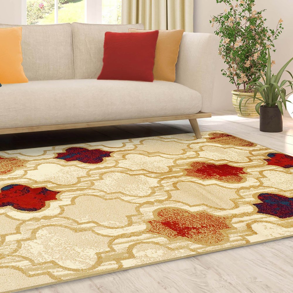 8' X 10' Beige Brown And Red Quatrefoil Distressed Area Rug
