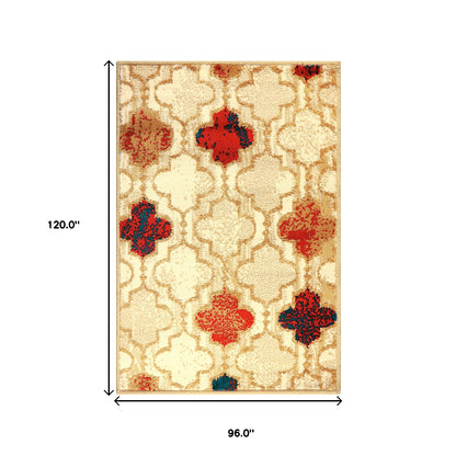 8' X 10' Beige Quatrefoil Power Loom Distressed Stain Resistant Area Rug