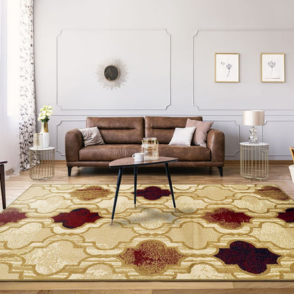 8' X 10' Beige Brown And Red Quatrefoil Distressed Area Rug