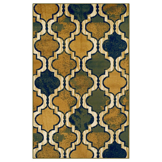 8' X 10' Green Brown And Ivory Quatrefoil Distressed Area Rug