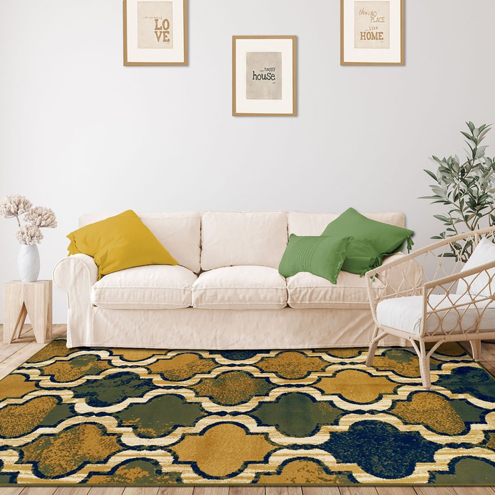8' X 10' Green Brown And Ivory Quatrefoil Distressed Area Rug