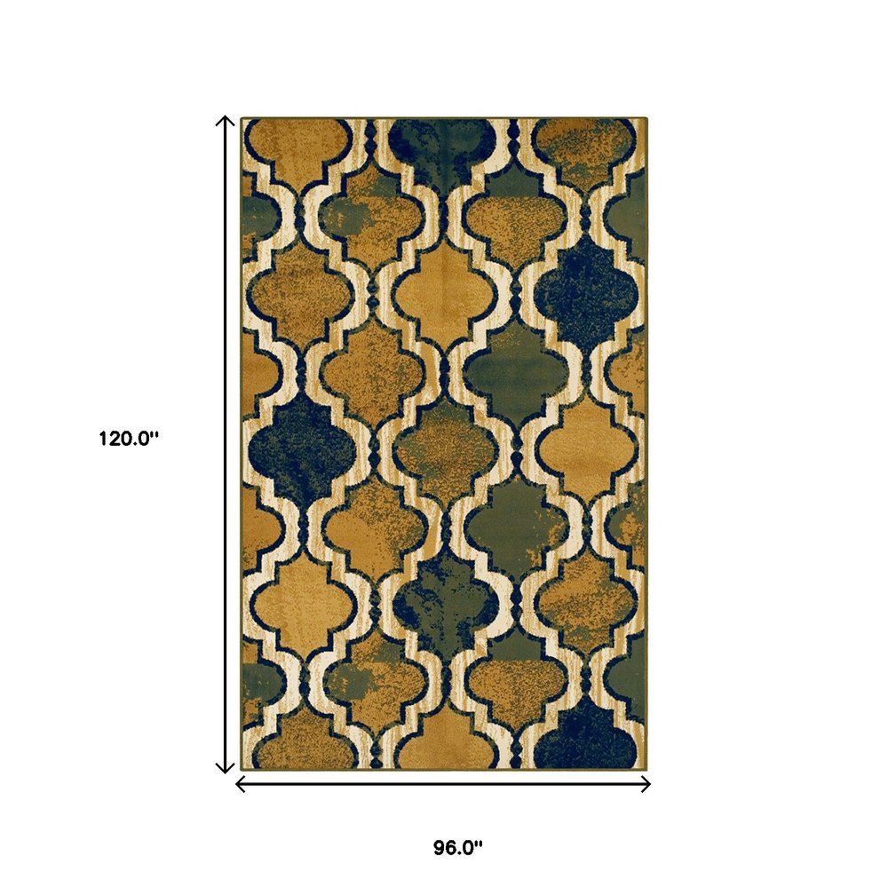 8' X 10' Green Brown And Ivory Quatrefoil Distressed Area Rug