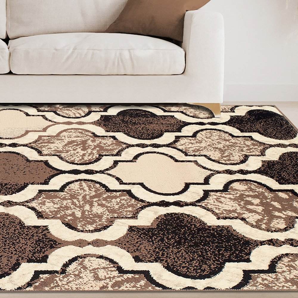 8' X 10' Ivory Brown And Black Quatrefoil Distressed Area Rug