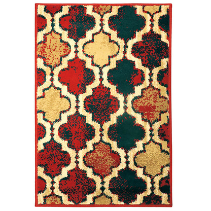 8' X 10' Red Blue Quatrefoil Power Loom Distressed Stain Resistant Area Rug