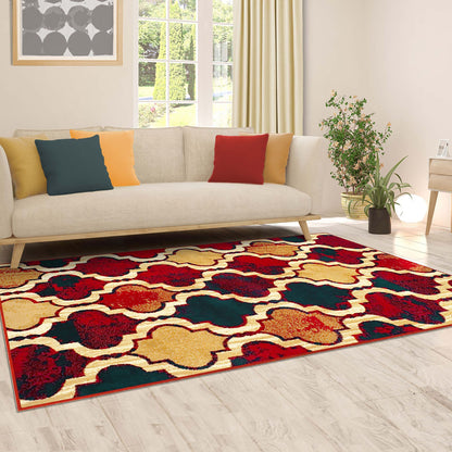 8' X 10' Red Blue Quatrefoil Power Loom Distressed Stain Resistant Area Rug