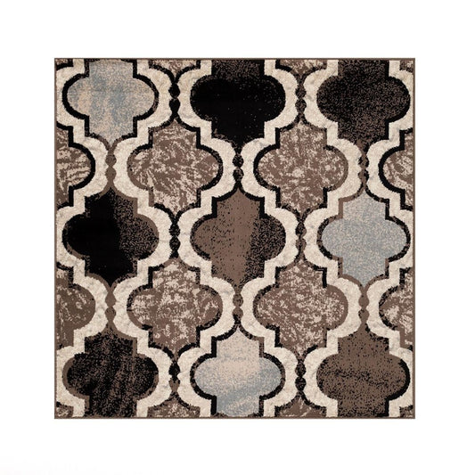 8' Ivory Brown And Black Quatrefoil Distressed Square Rug