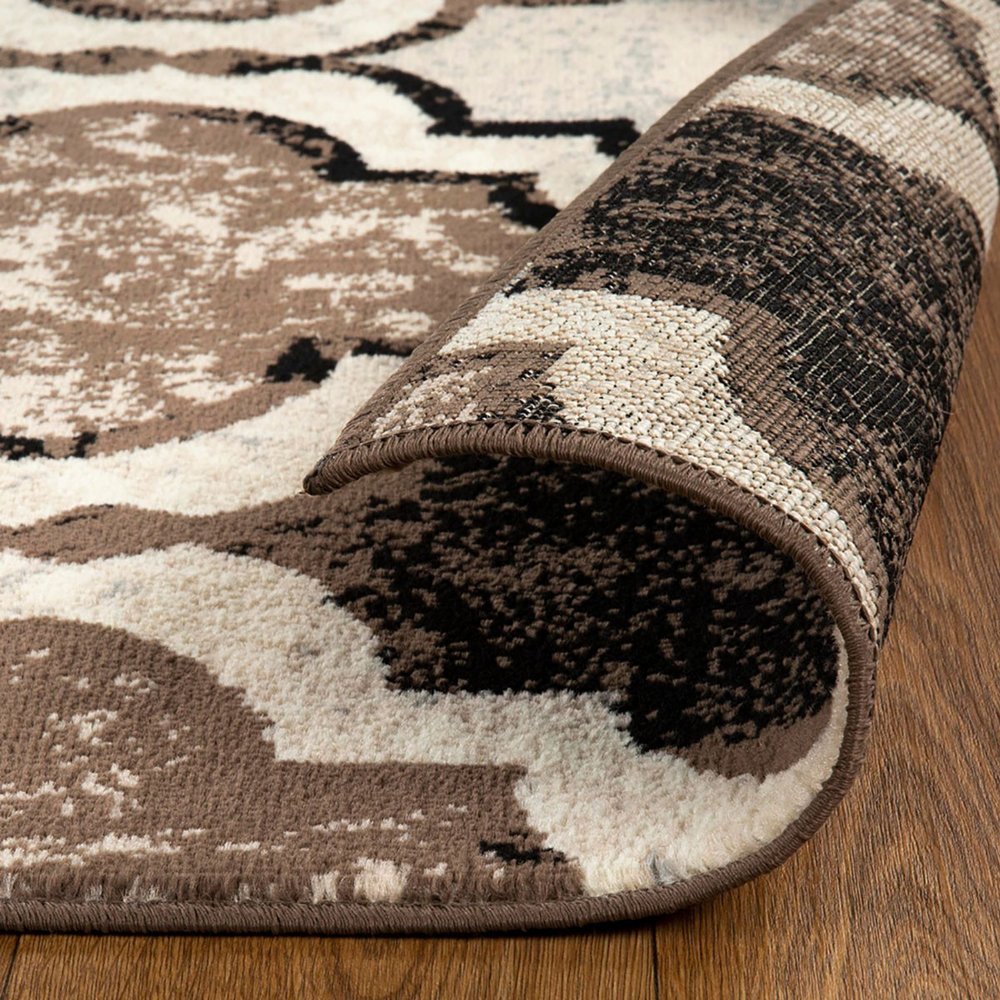 8' Ivory Brown And Black Quatrefoil Distressed Square Rug