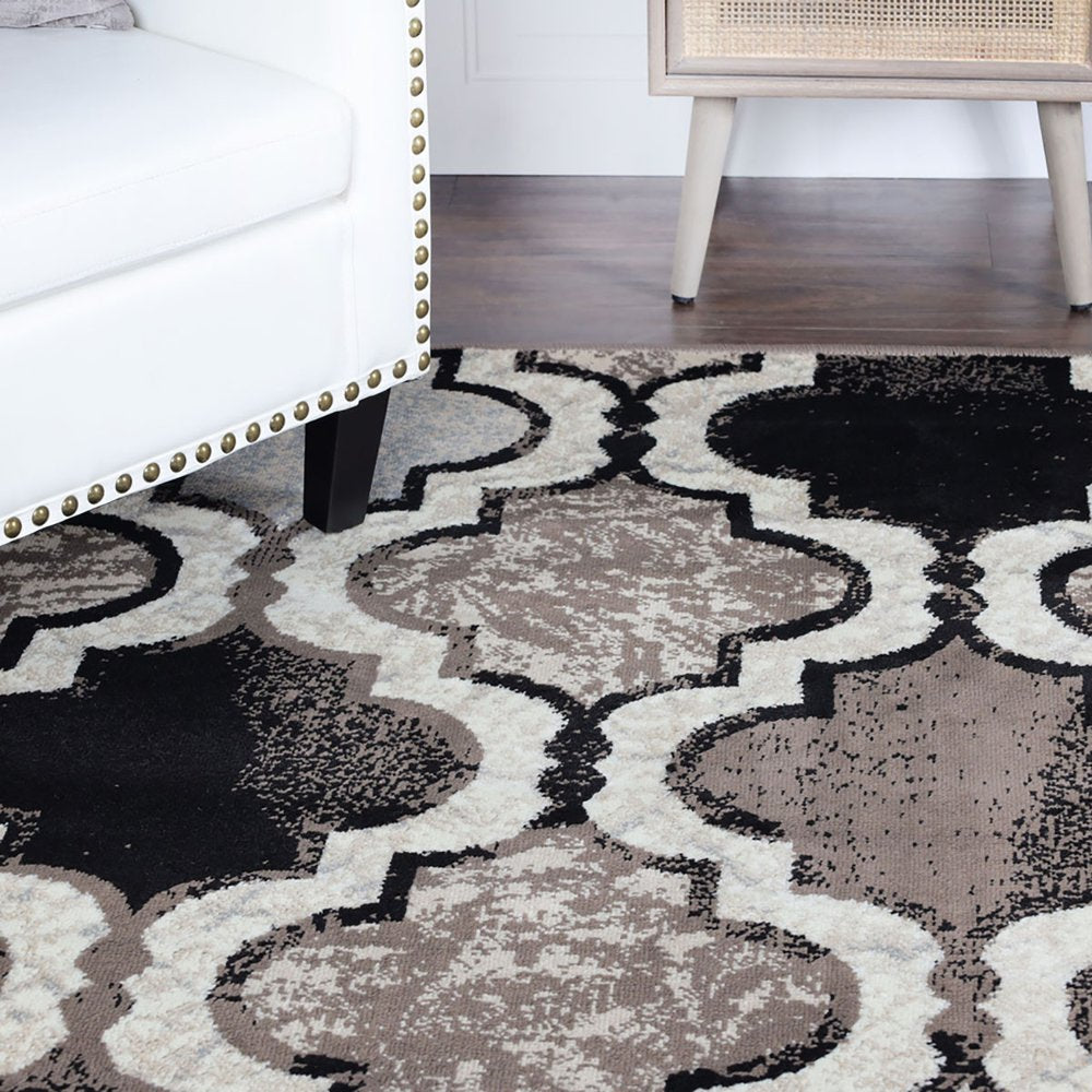 8' Ivory Brown And Black Quatrefoil Distressed Square Rug