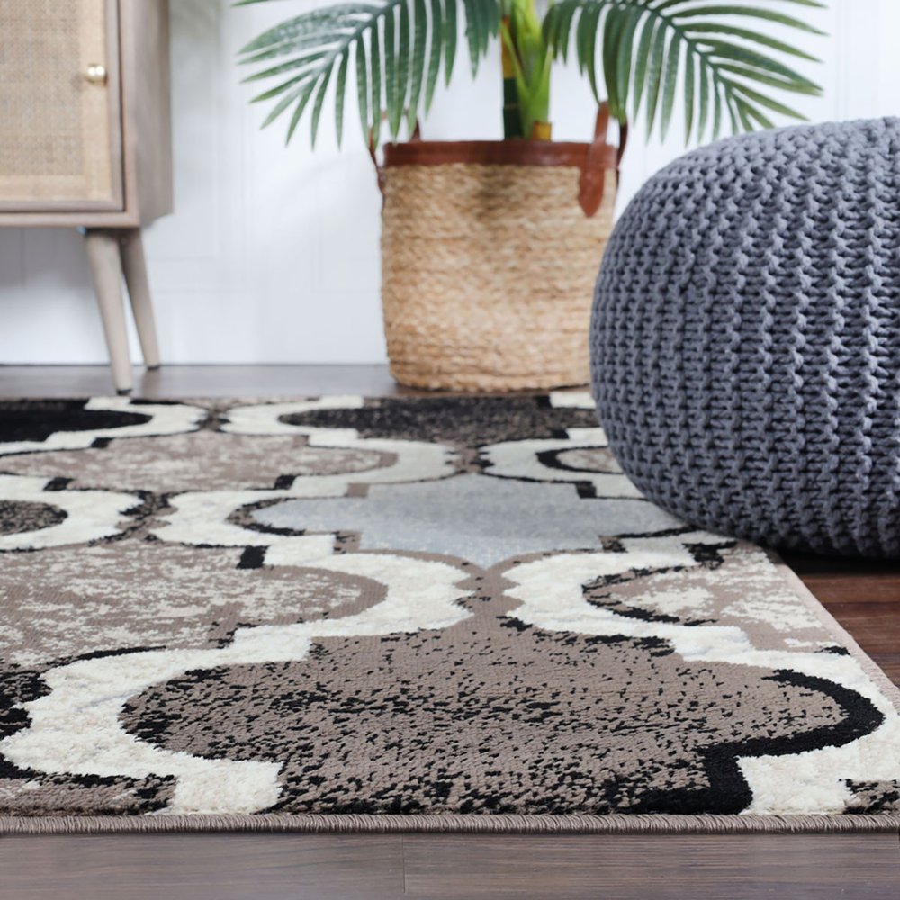 8' Ivory Brown And Black Quatrefoil Distressed Square Rug