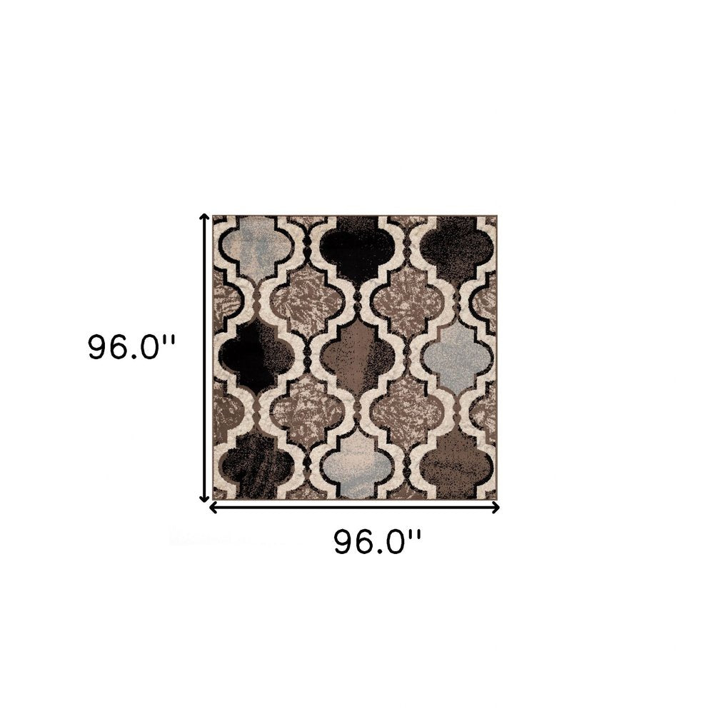 8' Ivory Brown And Black Quatrefoil Distressed Square Rug