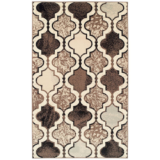 9' X 12' Ivory Brown And Black Quatrefoil Distressed Area Rug