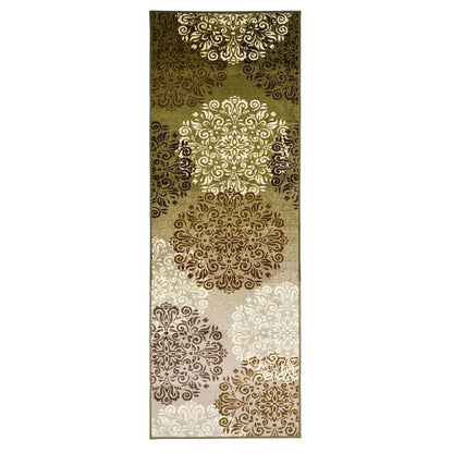 8' Runner Green and Brown Floral Medallion Power Loom Washable Non Skid Runner Rug