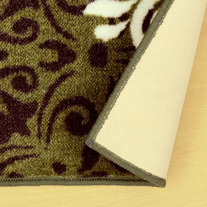 8' Brown Green And Ivory Floral Medallion Washable Runner Rug