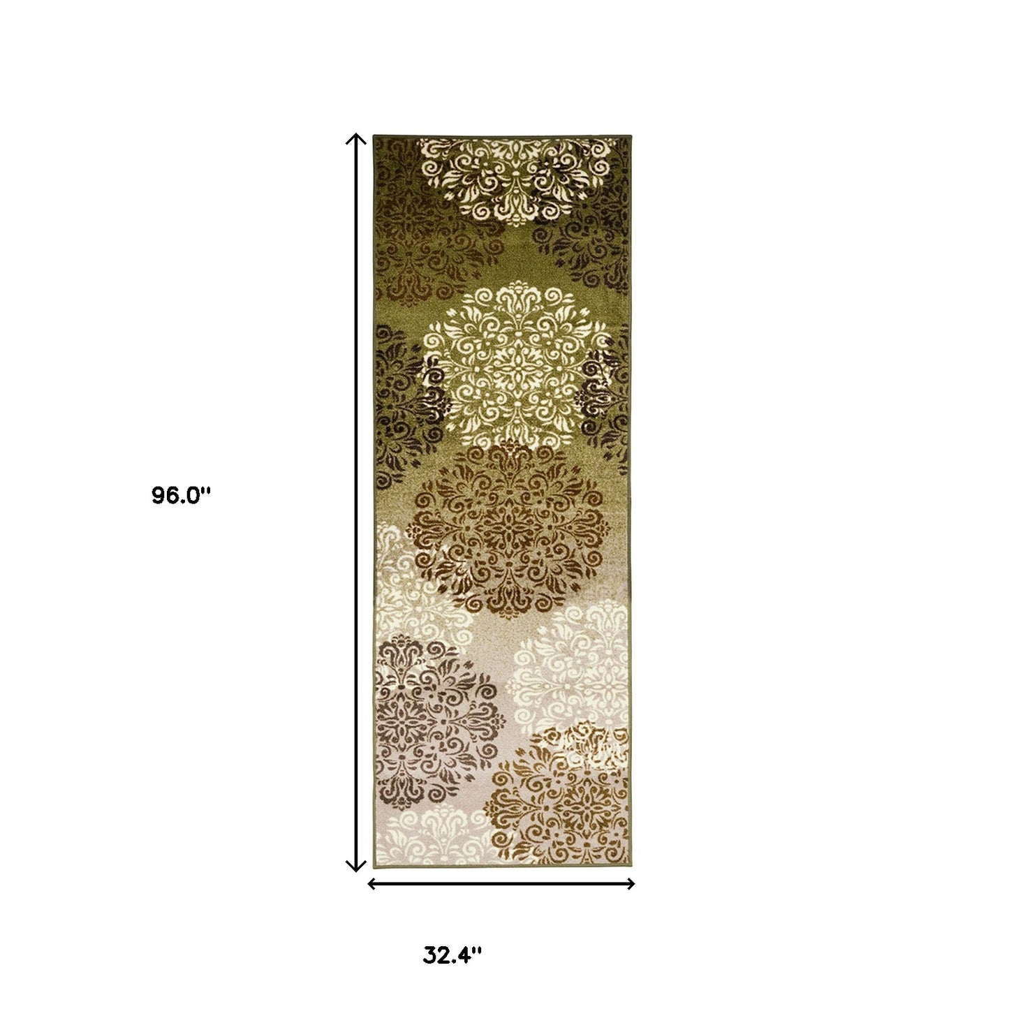 8' Runner Green and Brown Floral Medallion Power Loom Washable Non Skid Runner Rug