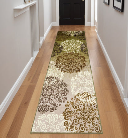 8' Runner Green and Brown Floral Medallion Power Loom Washable Non Skid Runner Rug