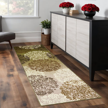 8' Brown Green And Ivory Floral Medallion Washable Runner Rug