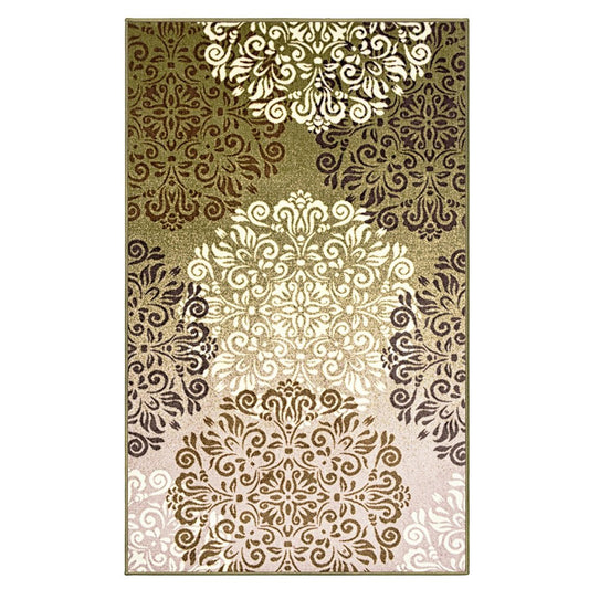 5' X 8' Brown Green And Ivory Floral Medallion Area Rug