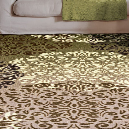 5' X 8' Brown Green And Ivory Floral Medallion Area Rug