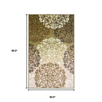 5' X 8' Brown Green And Ivory Floral Medallion Area Rug