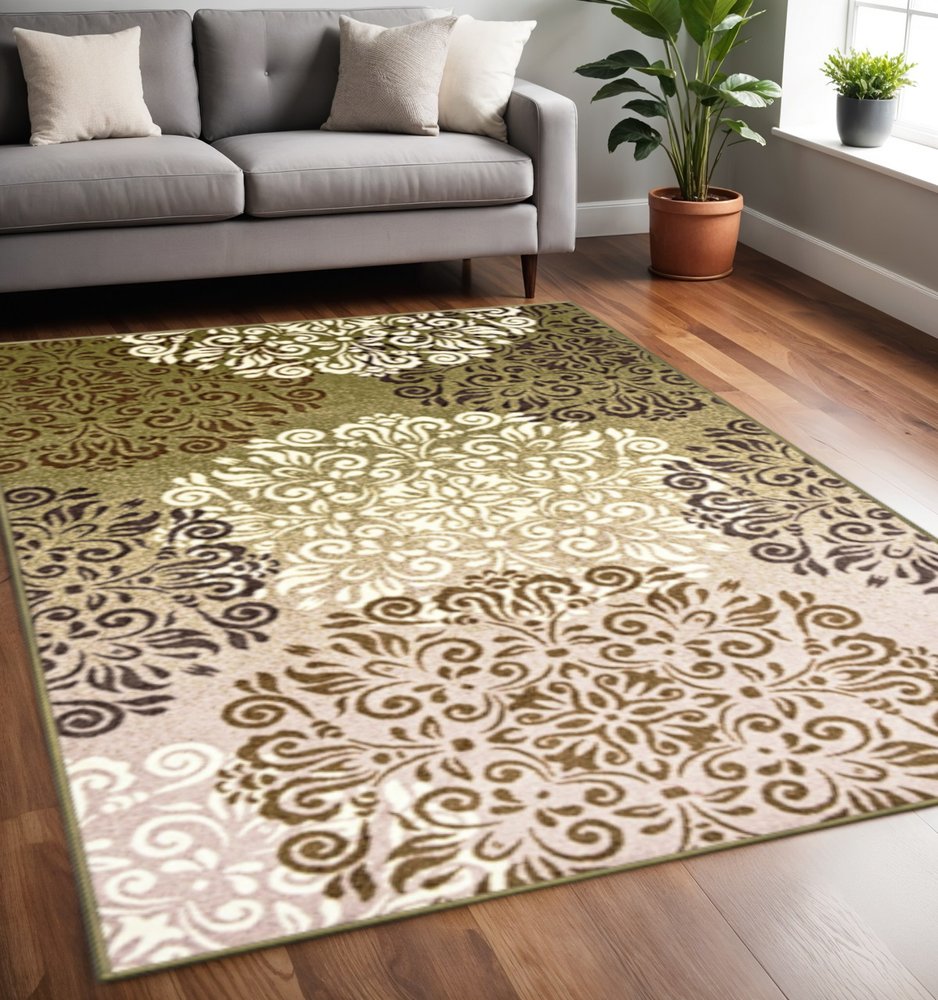 5' X 8' Brown Green And Ivory Floral Medallion Area Rug
