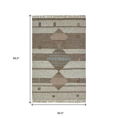 5' X 8' Gray And Brown Geometric Flatweave Handmade Area Rug With Fringe