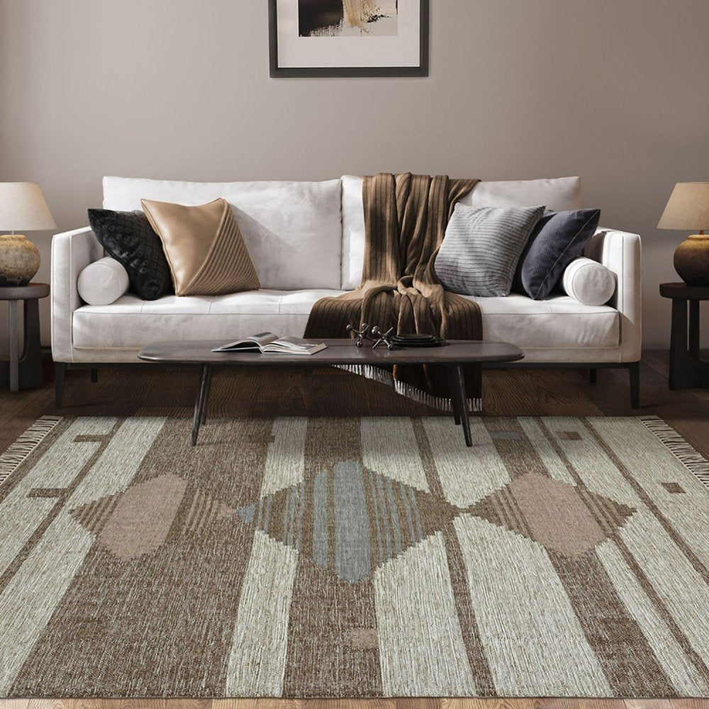 8' X 10' Gray And Brown Geometric Flatweave Handmade Area Rug With Fringe