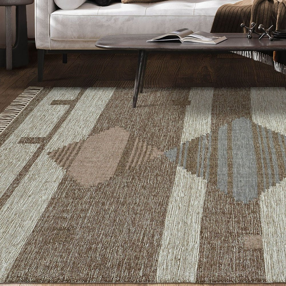 8' X 10' Gray And Brown Geometric Flatweave Handmade Area Rug With Fringe