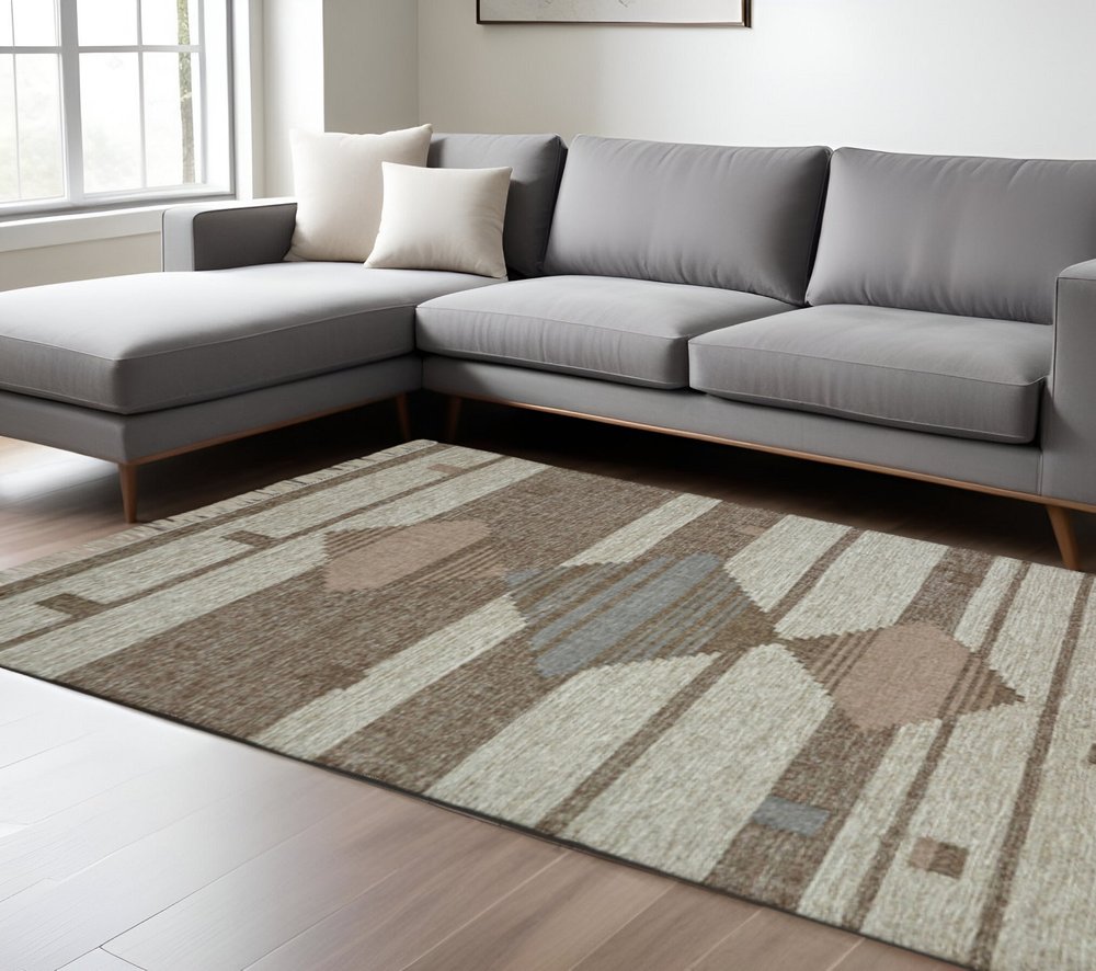 8' X 10' Gray And Brown Geometric Flatweave Handmade Area Rug With Fringe