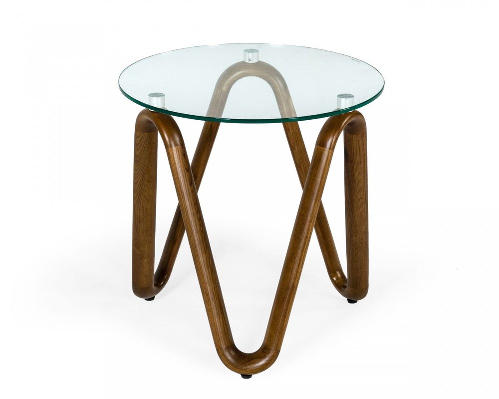 20" Walnut And Clear Glass  Solid Wood Ribbon Base Round End Table