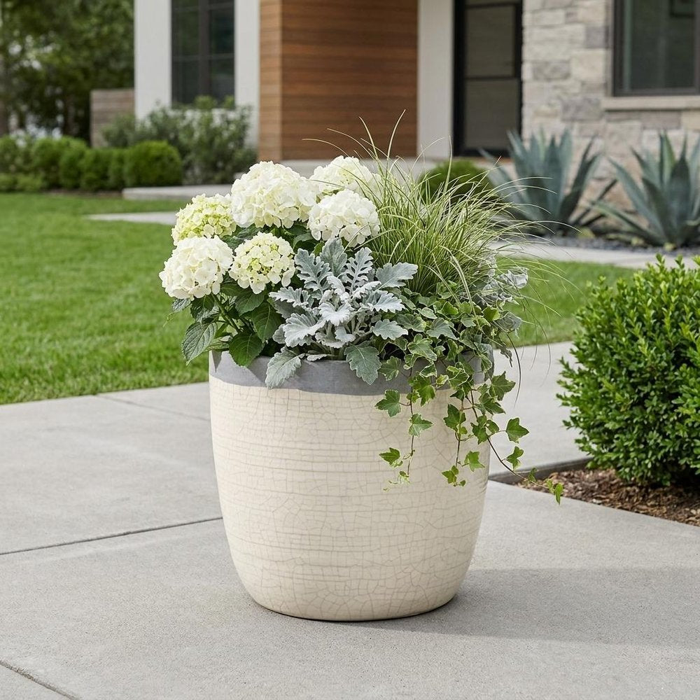 6" Cream and Gray Crackle Glaze Ceramic Indoor Outdoor Round Pot Planter