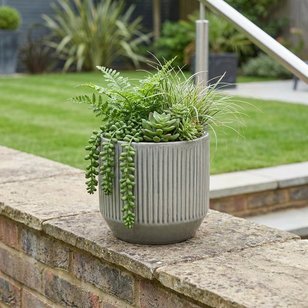6" Gray Striped Ceramic Indoor Outdoor Round Pot Planter