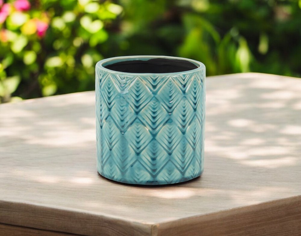 6" Turquoise Geometric Ceramic Indoor Outdoor Round Pot Planter