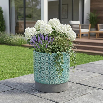6" Turquoise Geometric Ceramic Indoor Outdoor Round Pot Planter