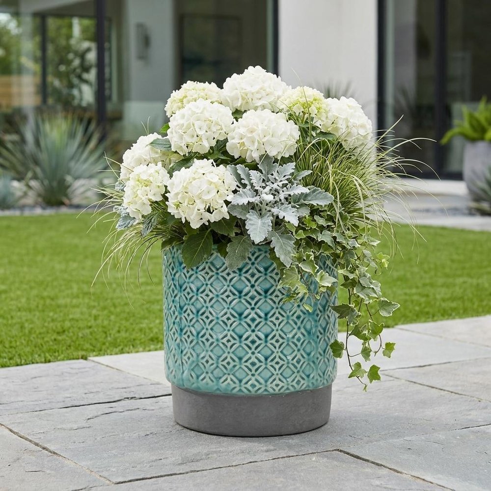 6" Turquoise Geometric Ceramic Indoor Outdoor Round Pot Planter