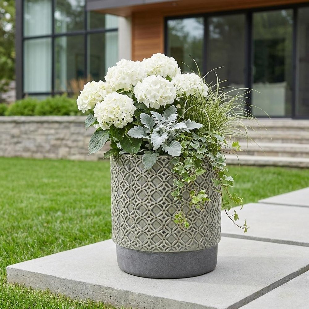 6" Gray Geometric Ceramic Indoor Outdoor Round Pot Planter