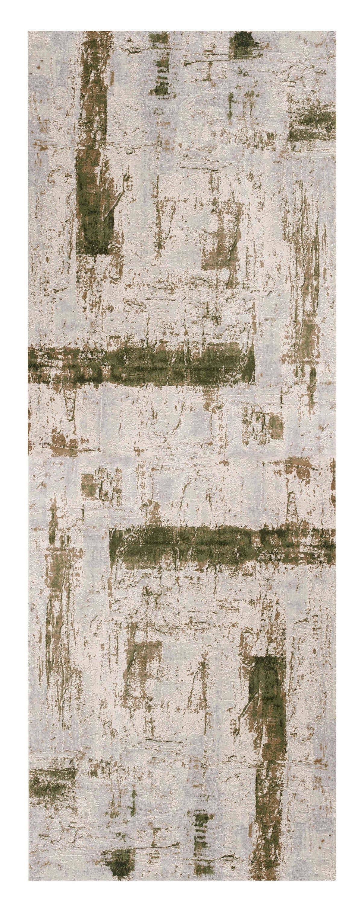 8' Ivory and Green Abstract Power Loom Distressed Runner Rug