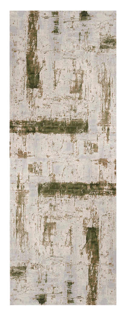 8' Ivory and Green Abstract Power Loom Distressed Runner Rug