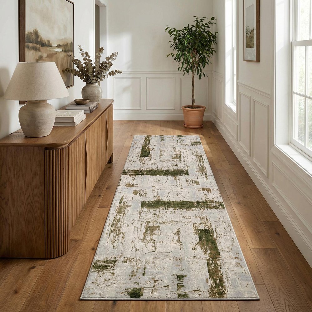 8' Ivory and Green Abstract Power Loom Distressed Runner Rug