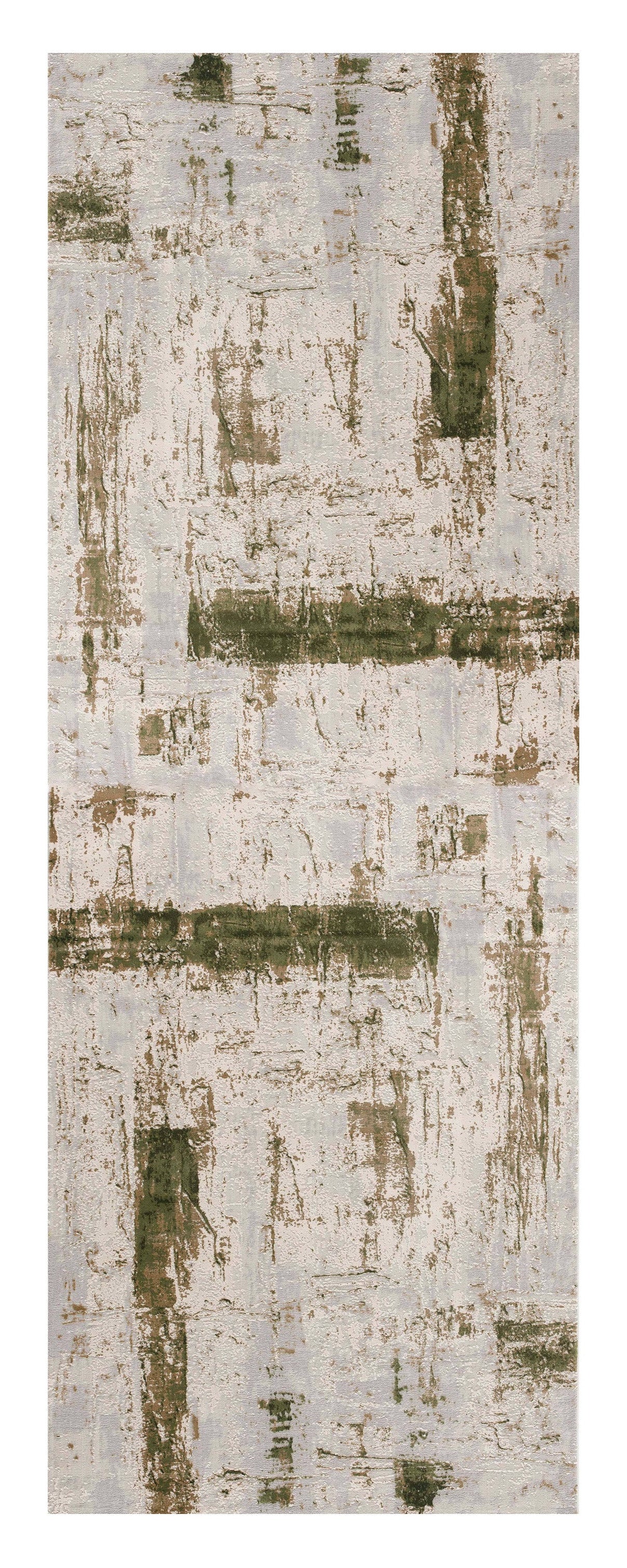 8' Ivory and Green Abstract Power Loom Distressed Runner Rug