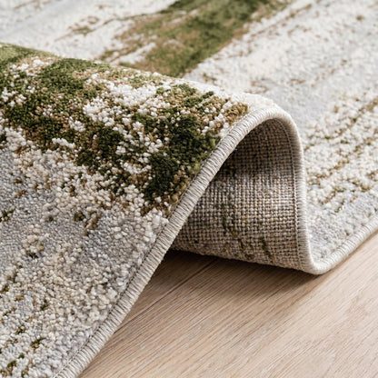 8' Ivory and Green Abstract Power Loom Distressed Runner Rug