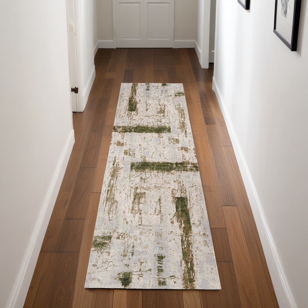 8' Ivory and Green Abstract Power Loom Distressed Runner Rug