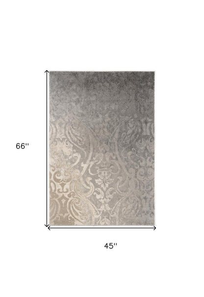 4' X 6' Gray And Ivory Damask Area Rug