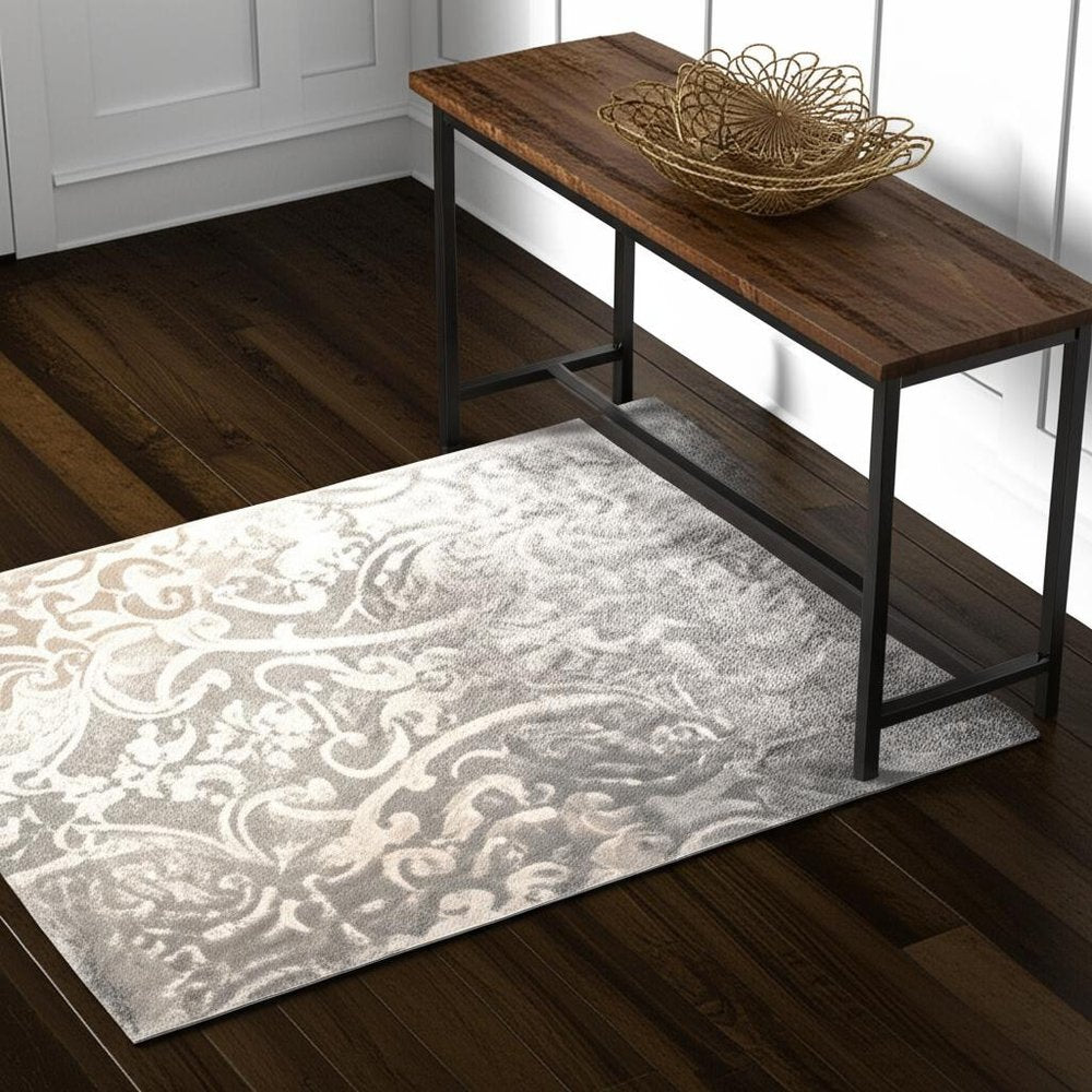 4' X 6' Grey Damask Power Loom Stain Resistant Area Rug