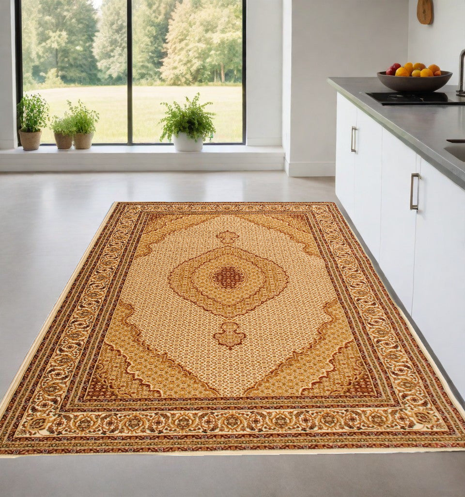 4' X 6' Beige and Ivory Oriental Power Loom Area Rug