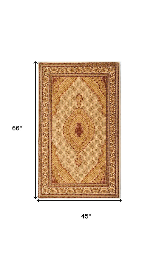 4' X 6' Beige and Ivory Oriental Power Loom Area Rug