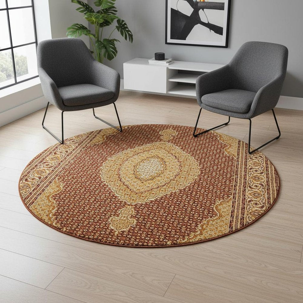 7' Cream Oriental Round Rug