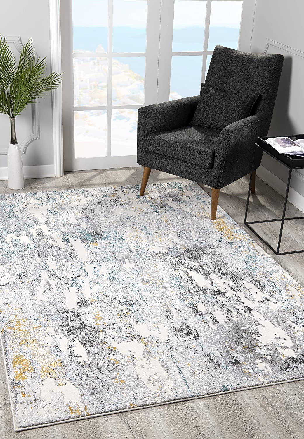 2' X 8' Grey And White Abstract Power Loom Stain Resistant Area Rug