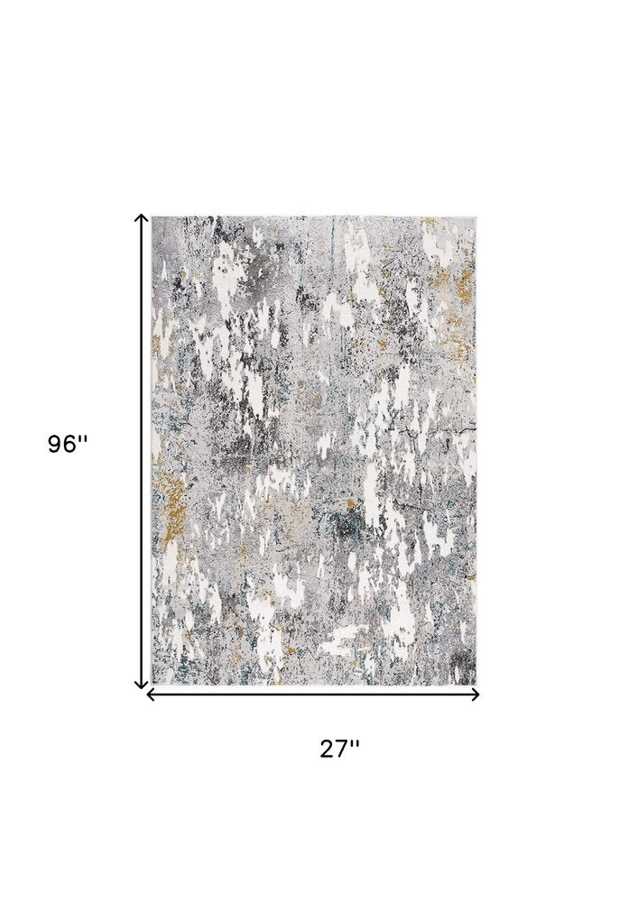 2' X 8' Grey And White Abstract Power Loom Stain Resistant Area Rug